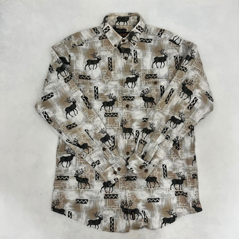 Vintage 90s Woolrich Mens Large Flannel Shirt Multicolor Elk All‎ Over Print